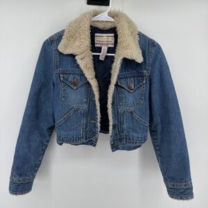 Aeropostale Womens Cropped Denim Trucker Jacket Faux Shearling Collar Blue S